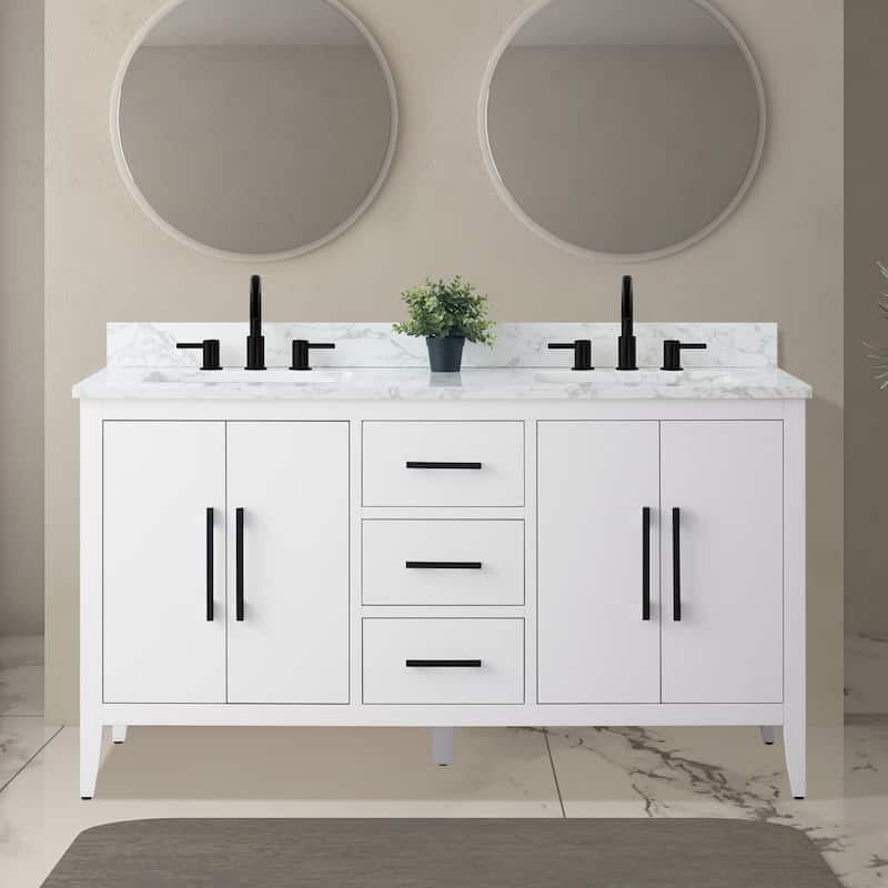 Vanity Art 60" Double Sink Bathroom Vanity Cabinet with Engineered Marble Top - 60"/Matte Black Handle - White