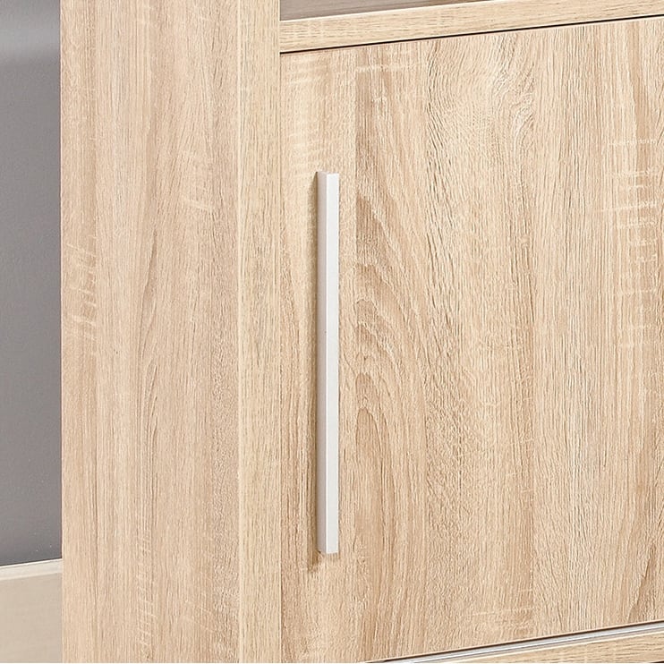 Sideboard buffet entry cabinet sliding doors metal bar handles four shelves weathered white natural color
