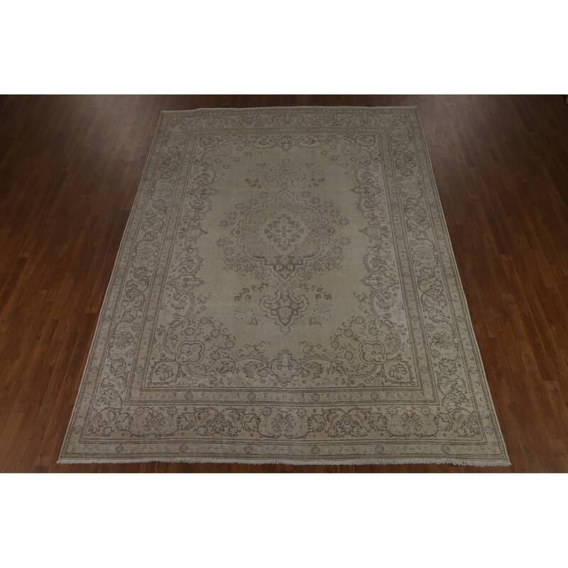 Tabriz Persian Vintage Rug Hand-Knotted Beige Oriental Wool Carpet - 8'2" x 11'2"