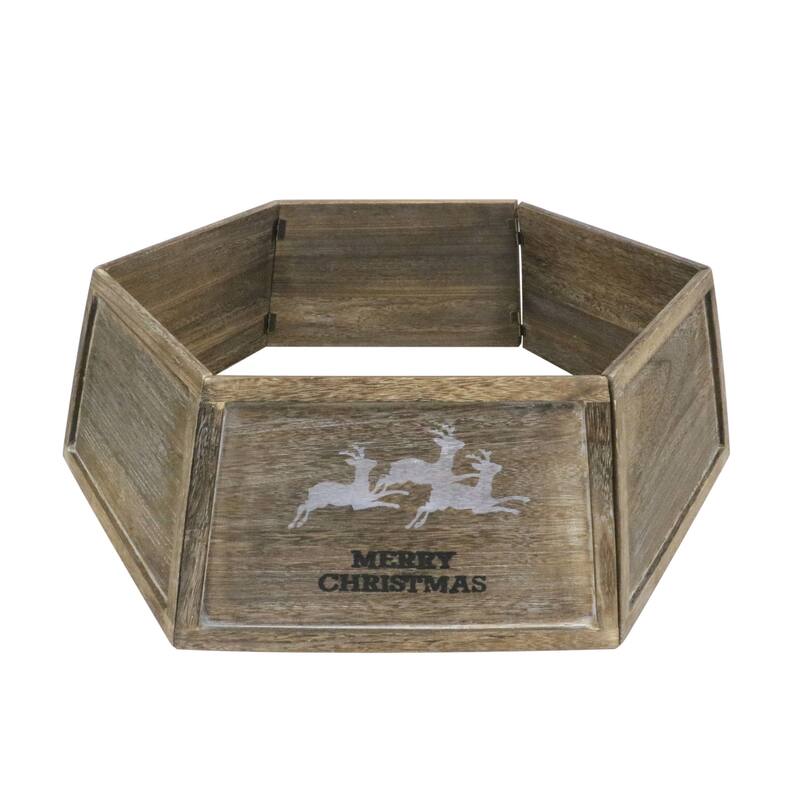 Merry Christmas Reindeer Wooden Hexagon Tree Collar - 32" - Brown