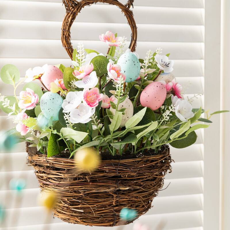 Glitzhome Easter Bunny Shaped Wreath with Eggs Satin Ribbon Bow Basket
