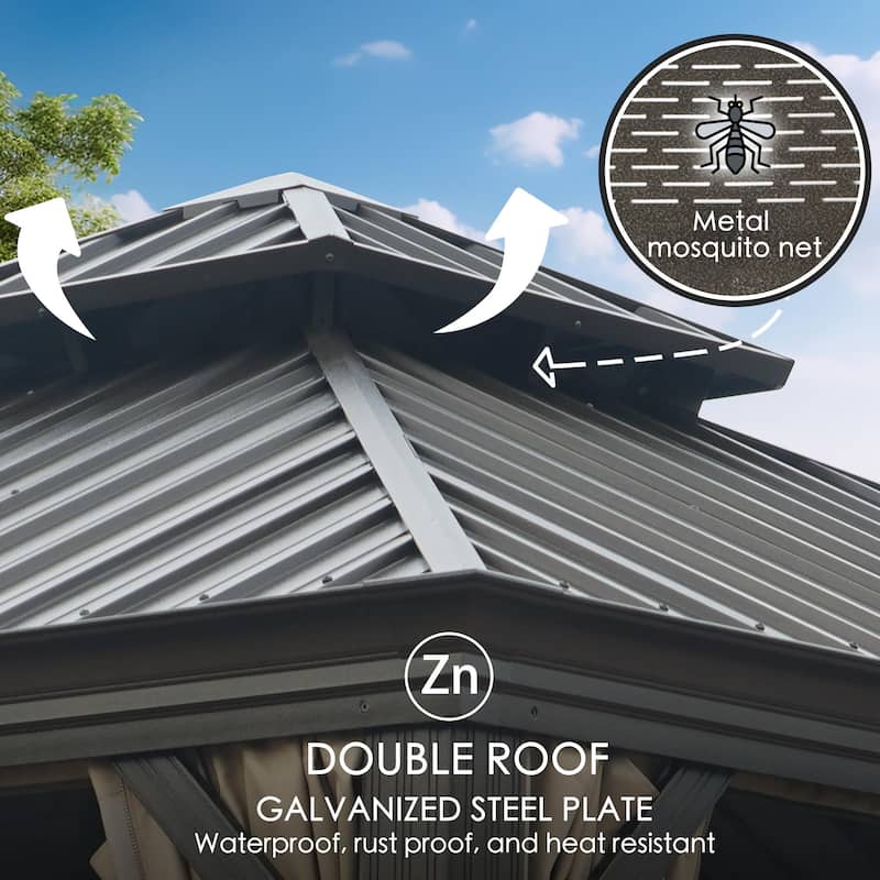 Kozyard Alexander 12'X20' Hardtop Aluminum Permanent Gazebo with a Mosquito Net and Privacy Sidewalls