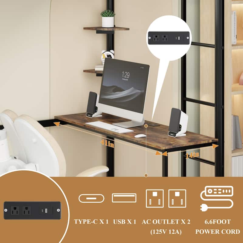 Compact Twin Loft Bed with Desk, Storage, and Charging Station for Space-Saving Rooms