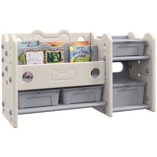 Kids Toy Storage, 2 Tier Toy Organizer with 4 Storage Boxes & Bookshelves for Kids Room, Nursery, Playroom