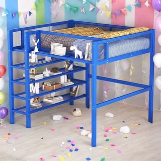 Full Size Metal Loft Bed with 4-Tier Shelves and Storage for Home