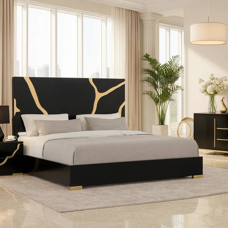 Goldie King Size Bed, Gold and Black Contemporary Bed, Solid Wood