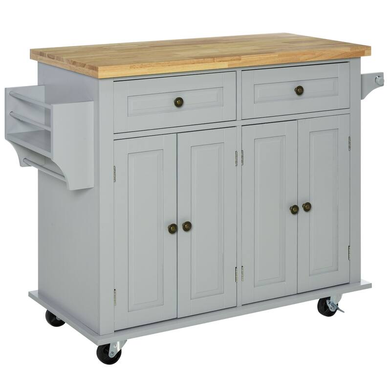 Rolling Cart with Rubberwood Top, Kitchen Island on Wheels with Spice Rack, Towel Rack and Drawers for Dining Room - Grey