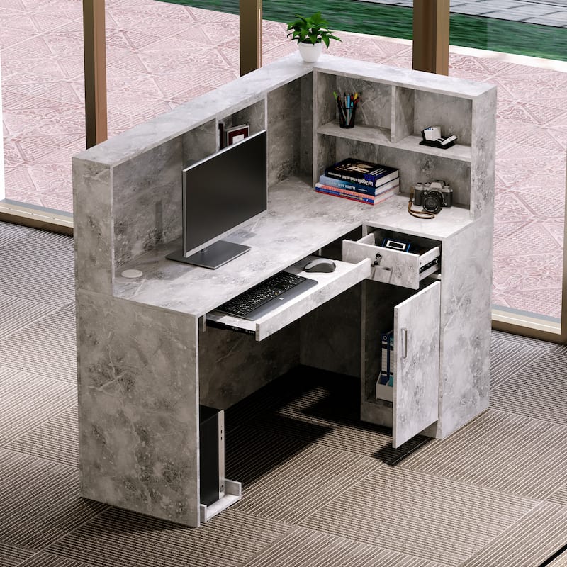 55.9-inch L-shaped Black or White Marbled Wood Reception Desk