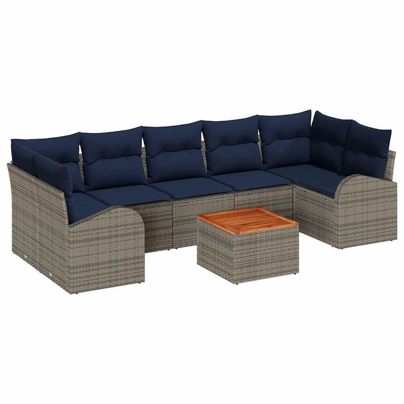 vidaXL 8 Garden Sofa Set with Cushions Black/Grey Poly Rattan - 113.8 x 48.8 x 27.2