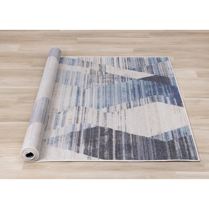 Fitzgerald Collection - Blue/Cream/Grey Distressed Geometric Rug