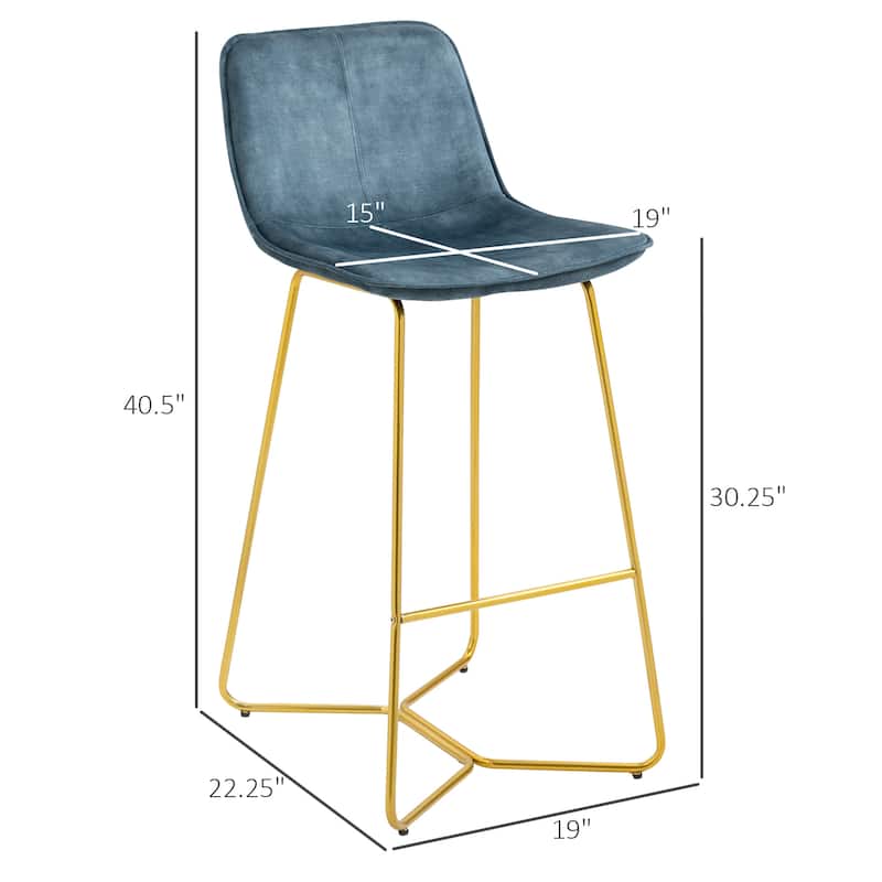 HOMCOM Tall Bar Stools, Set of 2, Velvet-Touch Fabric Bar Chairs, Bar Stools with Gold-Tone Metal Legs for Dining Area