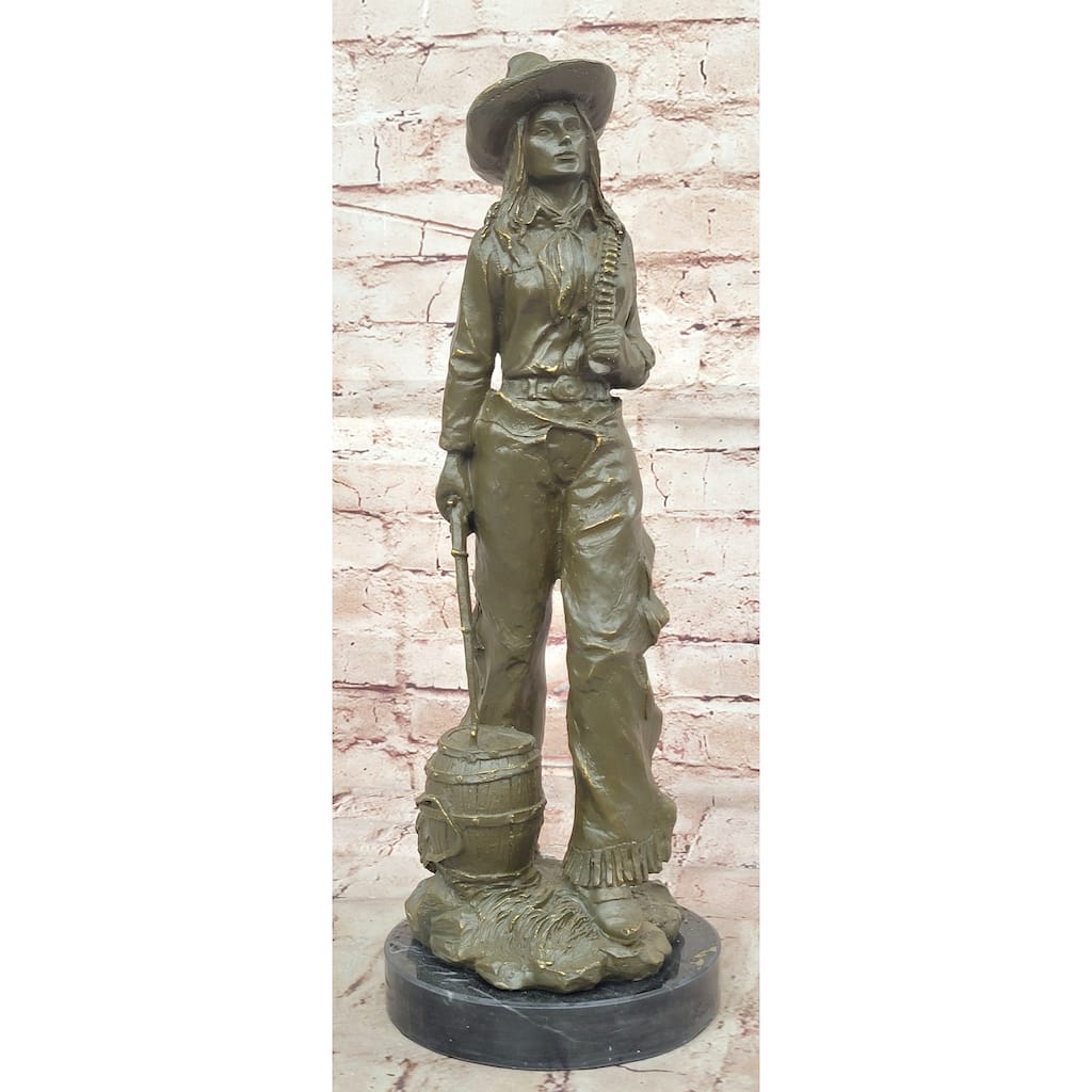 American Western Bronze Cowgirl Sculpture With Rifle And Cowboy Hat