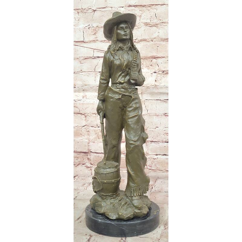 American Western Bronze Cowgirl Sculpture With Rifle And Cowboy Hat