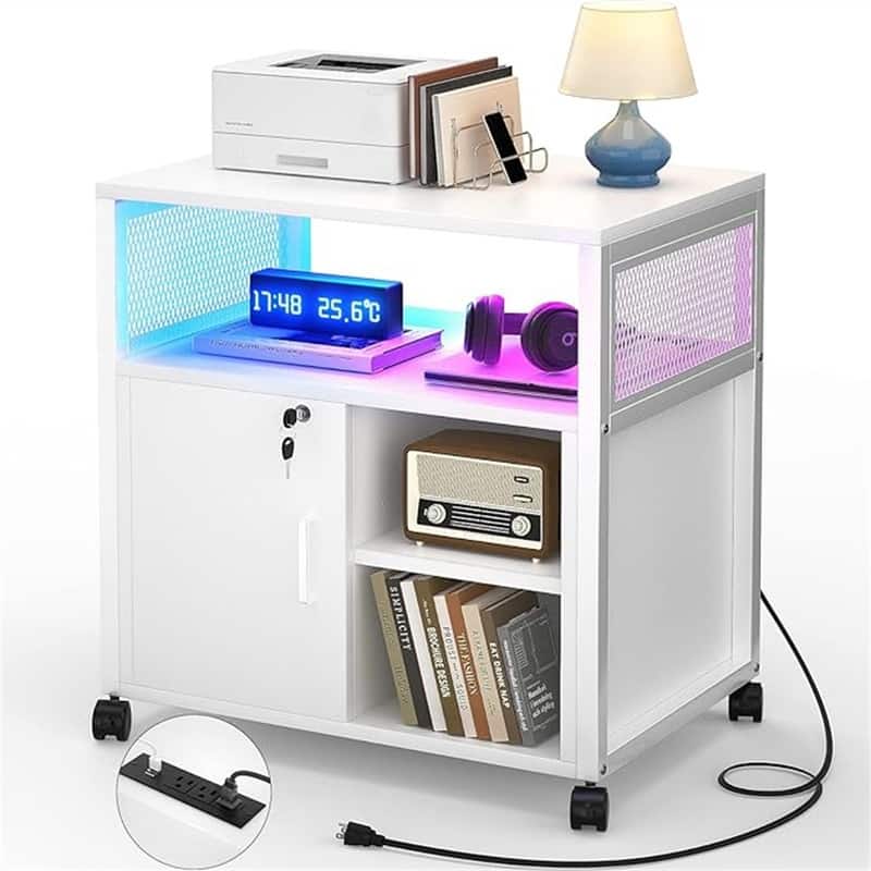 Printer Stand with LED Lights, - 23.6"D x 17.2"W x 26"H - White