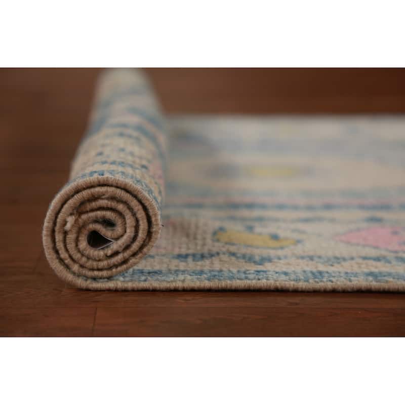 Hand Knotted Oriental 100% Wool Carpet Transitional Geometric Navy Blue & Blues Oushak Runner Rug - 13' 10'' X 3' 2''