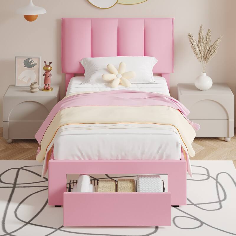 VECELO Set of 2 Kids Bed Frame with Storage Drawer Height Adjustable Upholstered Bed Twin Size Bed