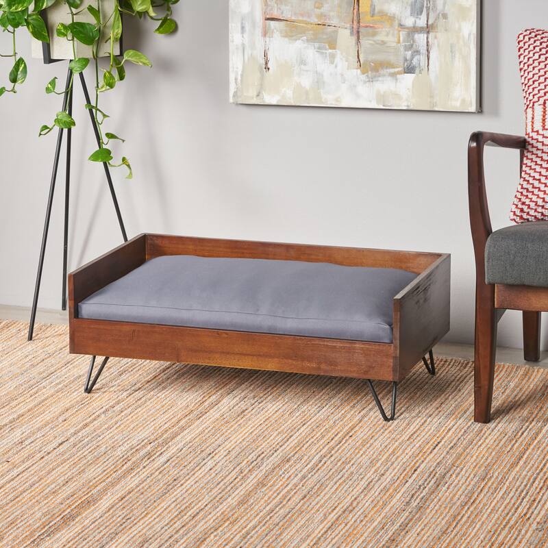 Roomfitters Solid Wood Pet Bed with Metal Legs, Modern Frame and Cushion, Indoor Lounge in Walnut Brown