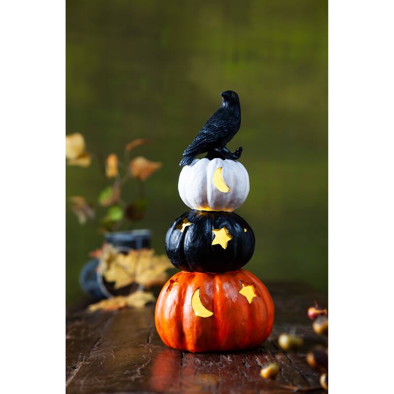 10.35" LED Resin Pumpkins with Crow Tabletop Decor