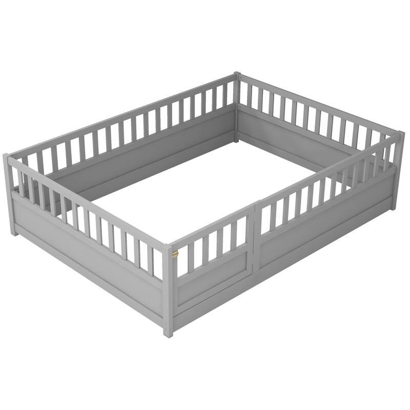 Floor Bed Pine Wood Bed Frame with Fence and Door Easy Assembly