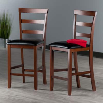 2-Pc Cushion Ladder-back Counter Stool Set, Black and Walnut - 17.04"W x 19.42"D x 40.53"H