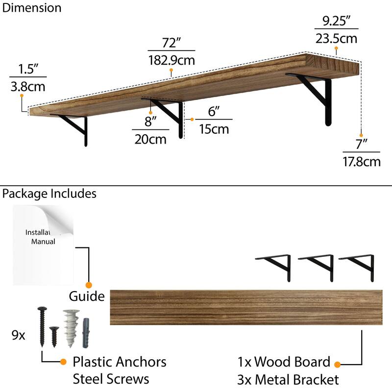 Wallniture Forme 48"-84" Long Floating Shelves Living Room & Office Decor, Solid Wood Shelves, Wall Mounted, 1.5" Thick, Burnt