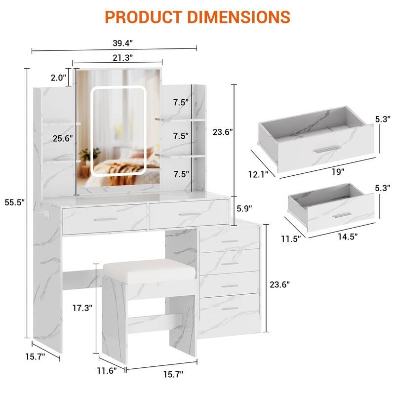 Makeup Vanity with Mirror, 6 Drawers, Shelves, Charging Ports, Hairdryer Holder, Stool