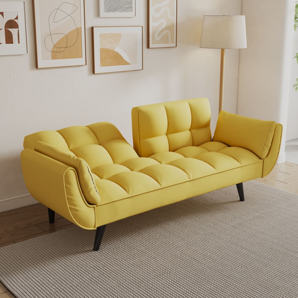 Yellow Convertible Sofa Bed with Adjustable Backrest, Folding Sofa Loveseat Upholstered Sofa Couch for Living Room