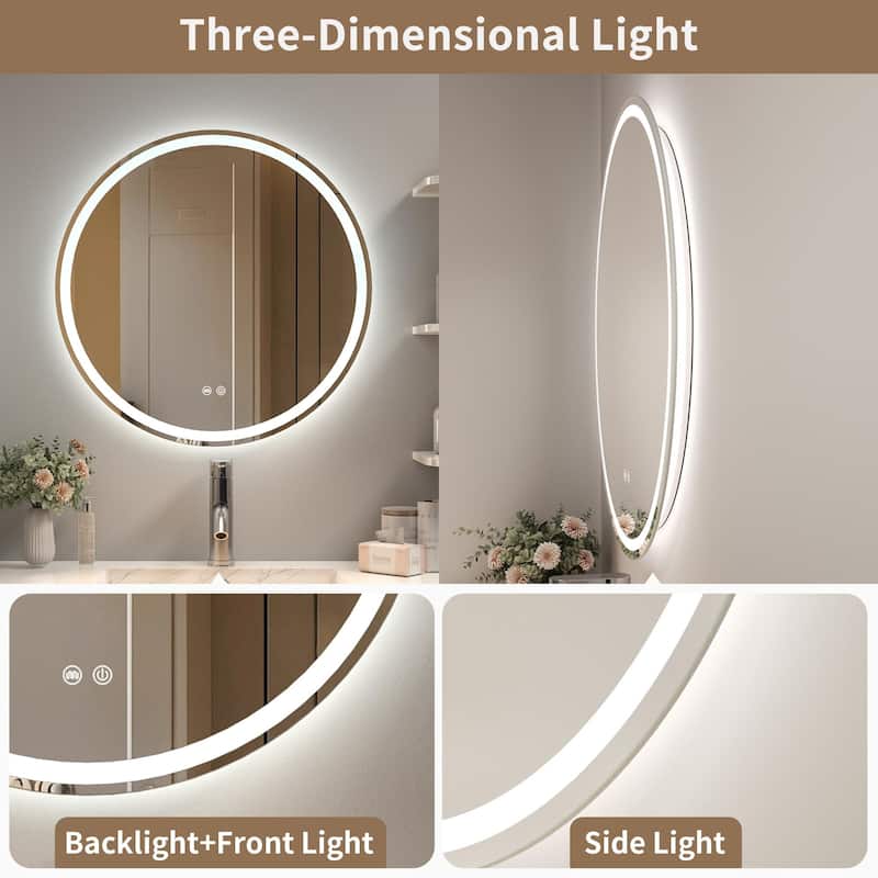 Circular LED Anti-Fog Mirror for Bathroom, Three-Color Lighting Adjustable