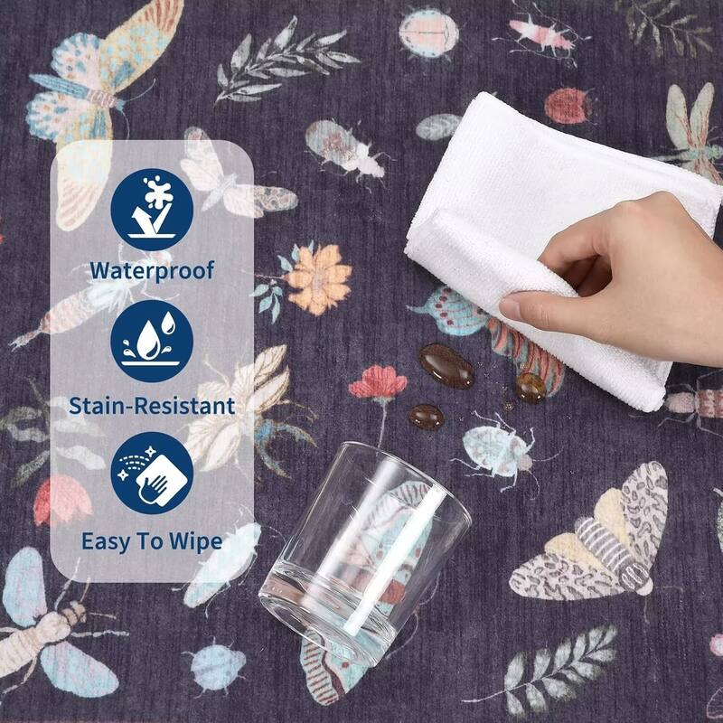 Floral Insect Print Washable Area Rugs for Living Room, Modern Non Slip Low Pile Area Rug