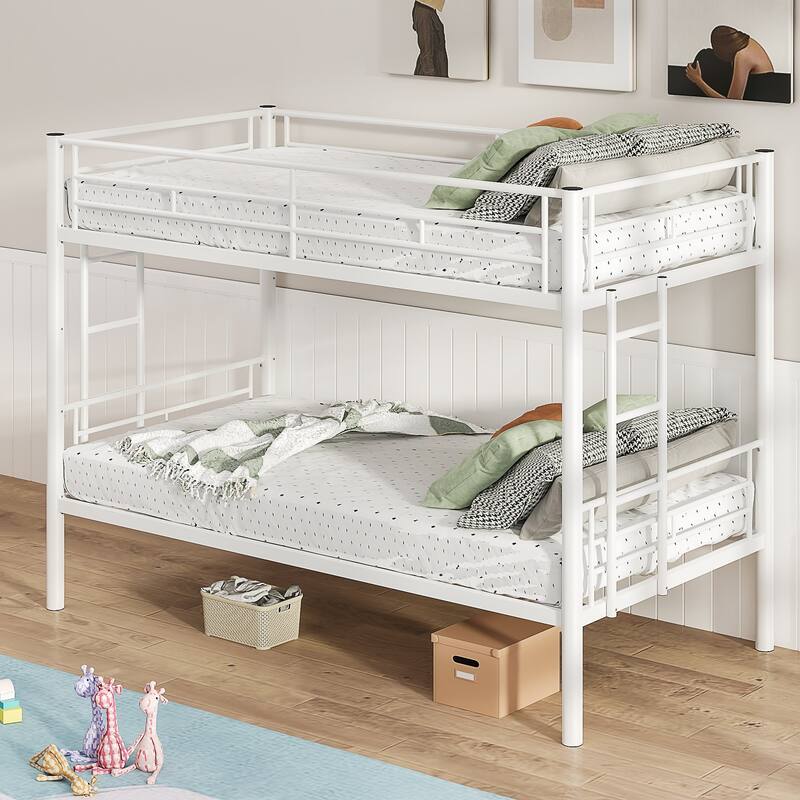 Bunk Bed Metal Twin Size Bunk Beds Frame with Ladder & Full-Length Guardrail Heavy Duty Sturdy 2 in 1 Convertible Bunk Bed