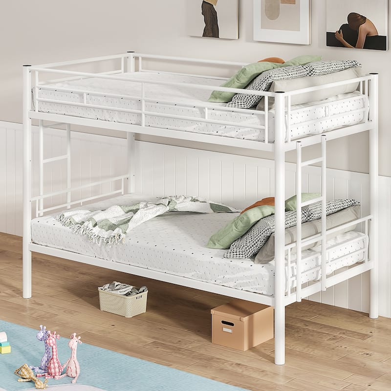 VECELO Twin Over Twin Metal Bunk Bed Frame for Kids Teens, Heavy Duty Noise-Free Platform Bed, Storage Space - White(Bunk Bed)