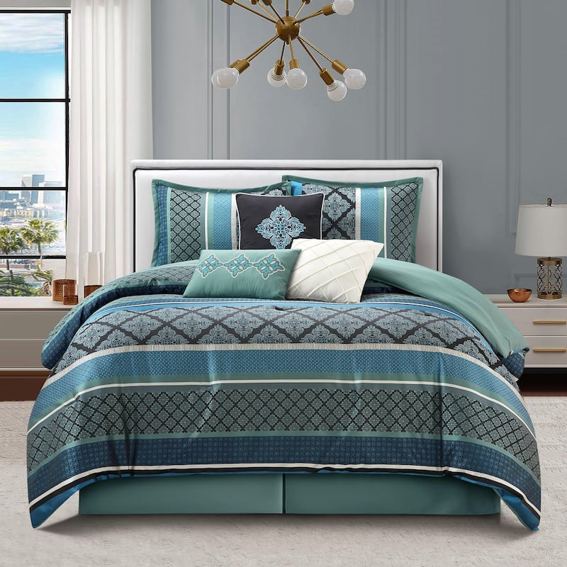 Nanshing Jensen 7 Piece Jacquard Geometric Comforter Set - Blue - California King