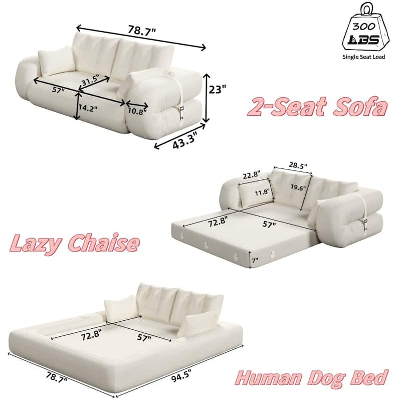 78.7" Teddy Fabric Multi-Functional Foldable 3-in-1 Sofa Bed with Pillows, Lazy Sofa Couch