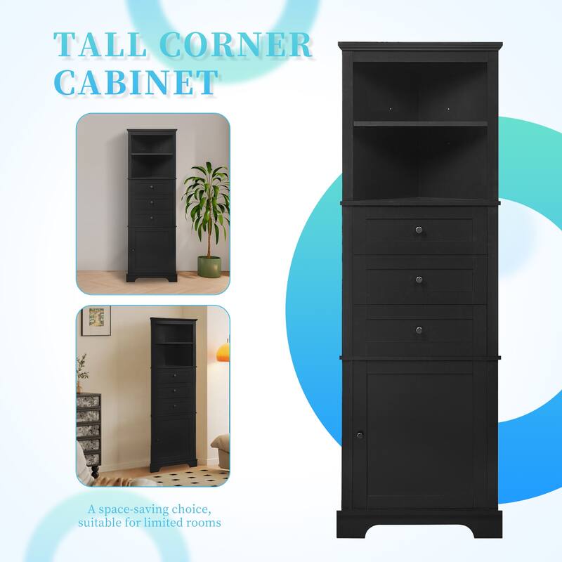 Corner Tall Bathroom Cabinet, Freestanding Kitchen Pantry Cabinet, Triangle Storage Cabinet with 3 Drawers & Adjustable Shelves