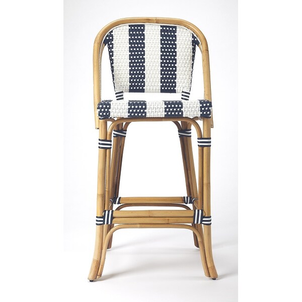 blue and white rattan bar stools