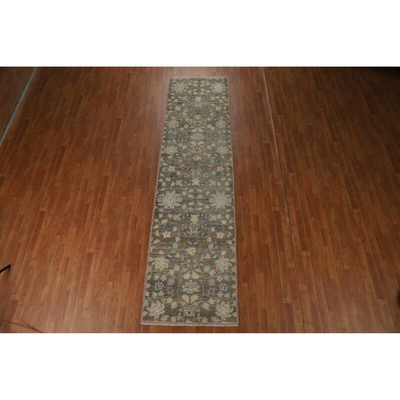 Hand Knotted Oriental 100% Wool Carpet Transitional All-Over Greys & Charcoal Oushak Runner Rug - 11' 8'' X 3' 0''