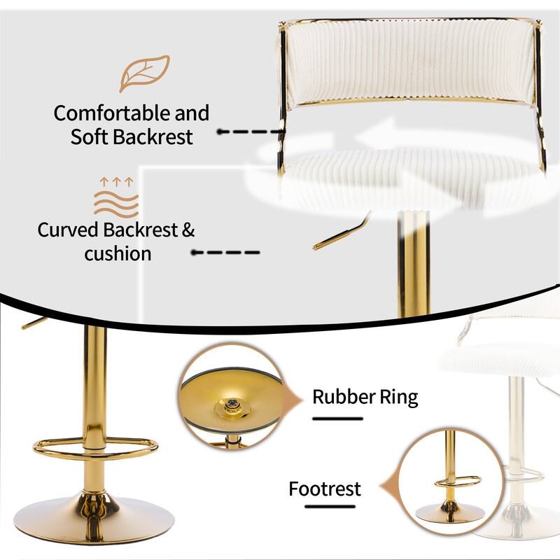 Corduroy Upholstered Adjustable Bar Stool with Gold Tone Base