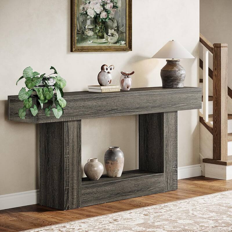 63 Inches Brown/ Gray Wood Hallway Table, Farmhouse Console Table for Entryway