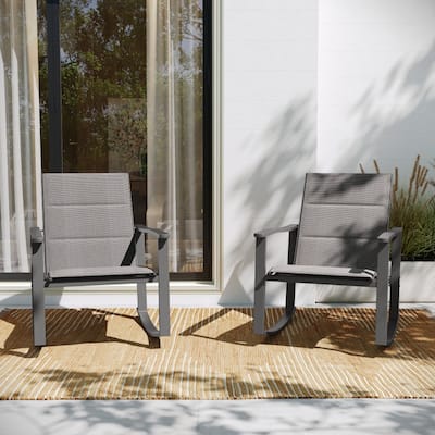 Set of 2 All Weather Flex Comfort Rocking Chairs with Metal Frames-Black/Black