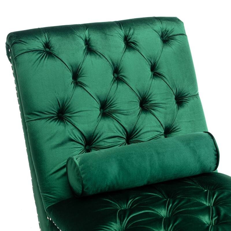 Velvet Tufted Chaise Lounge Chair Ergonomic S Shape Recliner with Pillow, Nailhead Trim and Acrylic Legs for Indoor Use