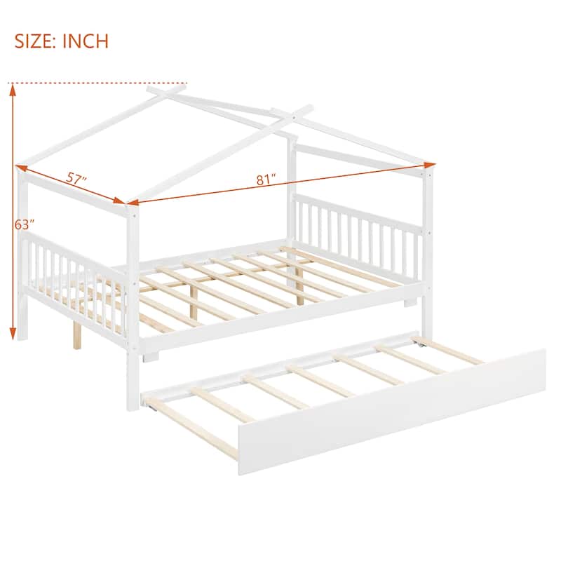 Creativity House Bed Twin/ Full Size Frame with Trundle for Boys Girls, Wood Platform Bed with Roof No Box Spring Needed