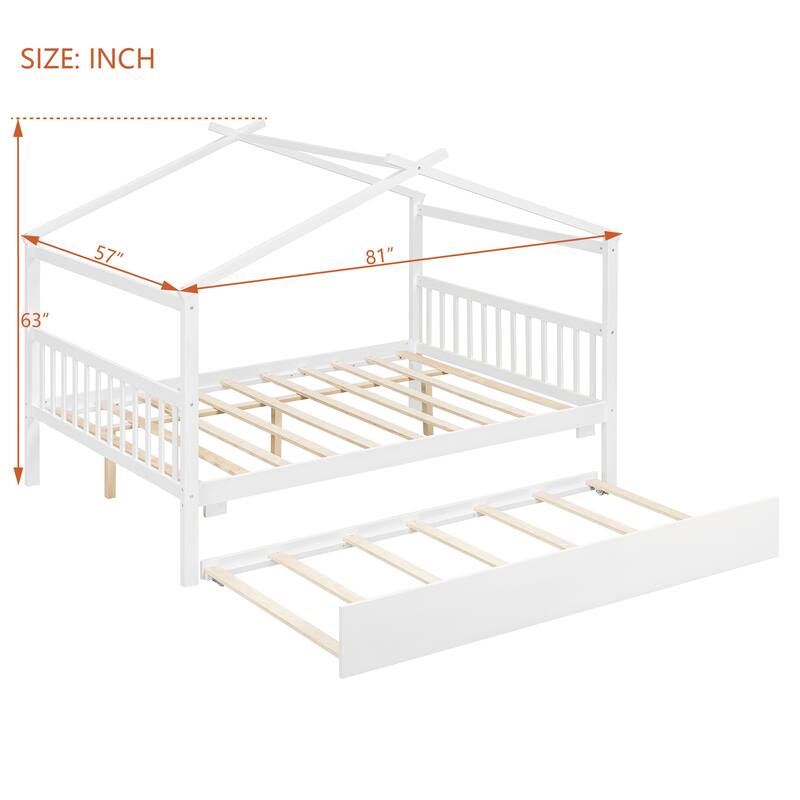 Full Size Wooden House Bed with Twin Trundle in White, Gray, Natural, Walnut