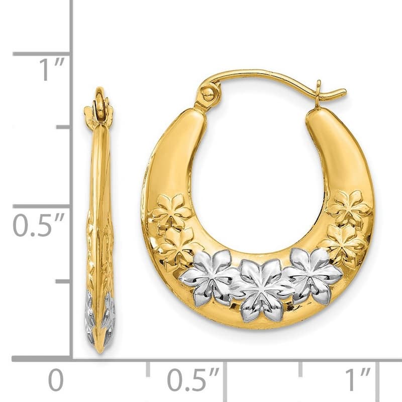 Curata 14k Yellow Gold22x3mm and Rhodium Flowers Hoop Earrings