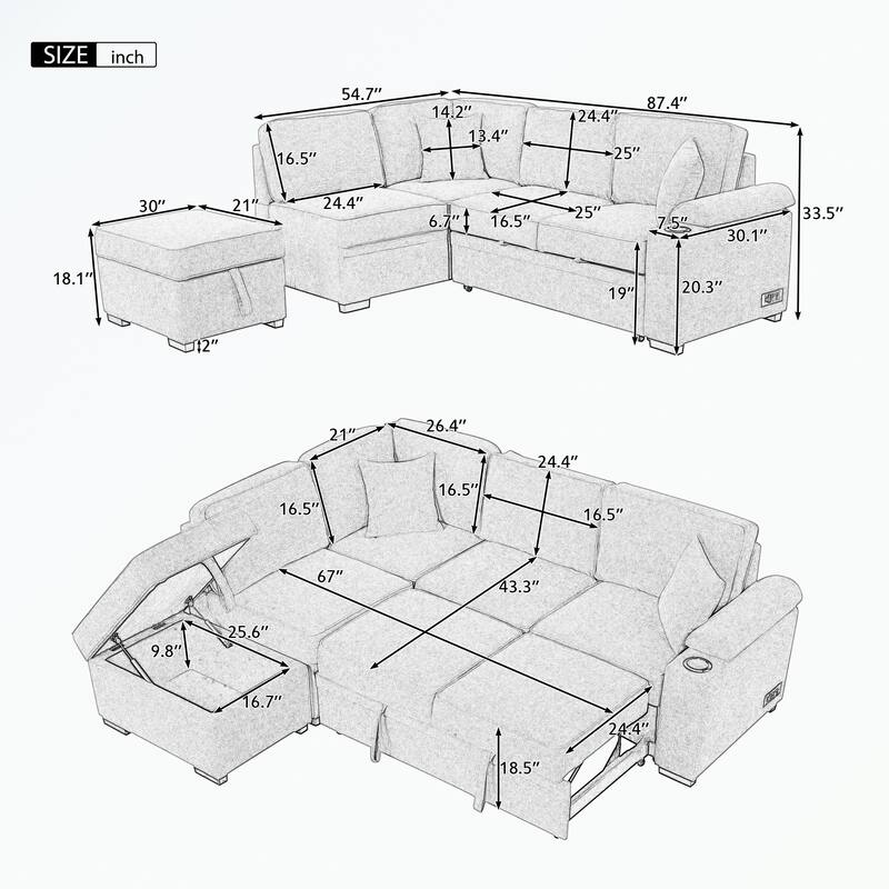 Modern 2 in 1 Pull Out sofa bed L Shape Couch with Storage Ottoman