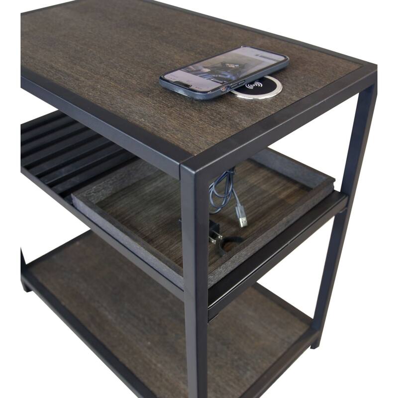 Bamboo & Steel Frame Nightstand/End Table with Wireless USB Charger