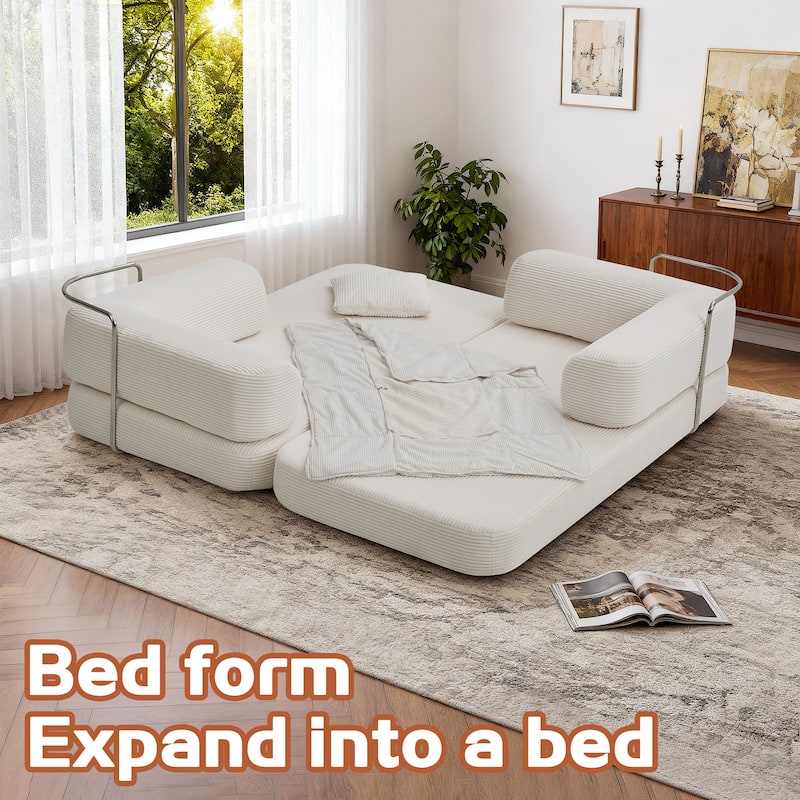 5-in-1 Modular Corduroy Floor Sleeper Sofa Bed Convertible Folding Compressed Couch with Movable Armrests for Living Room