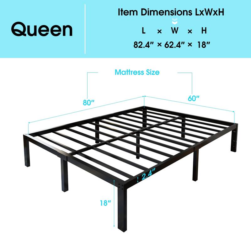 3600lbs Heavy Duty Reinforced Platform, 18 Inch Tall Mattress Foundation, Steel Slats Support Bed Frame with Underbed Storage