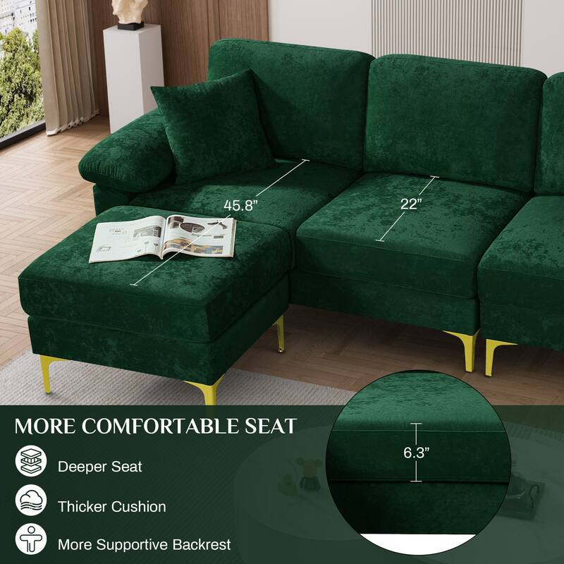 Ouyessir 2-Pieces Upholstered Velvet Sectional Sofa with 2 Pillows & Ottoman