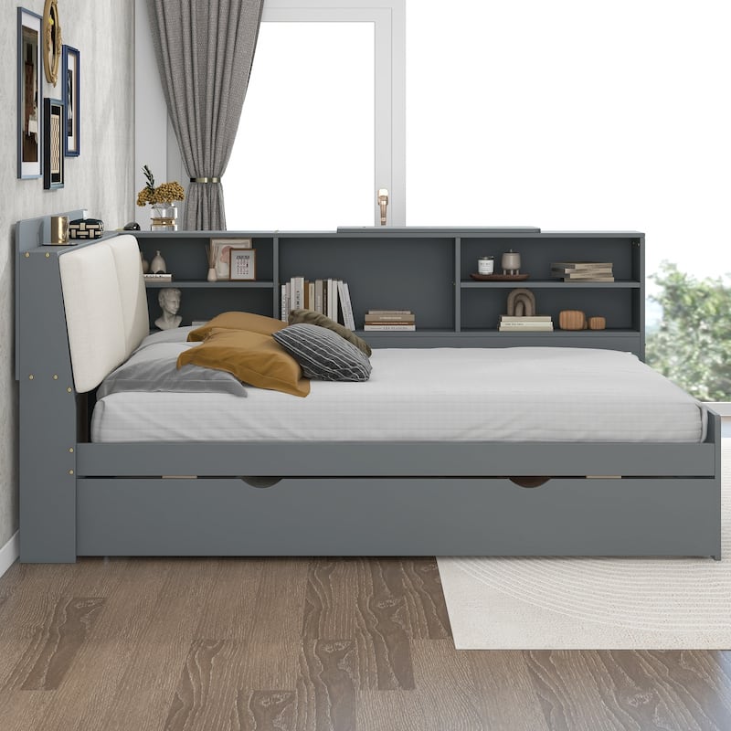 Full Size Wood Platform Bed with Trundle, Shelves and Storage Headboard, White