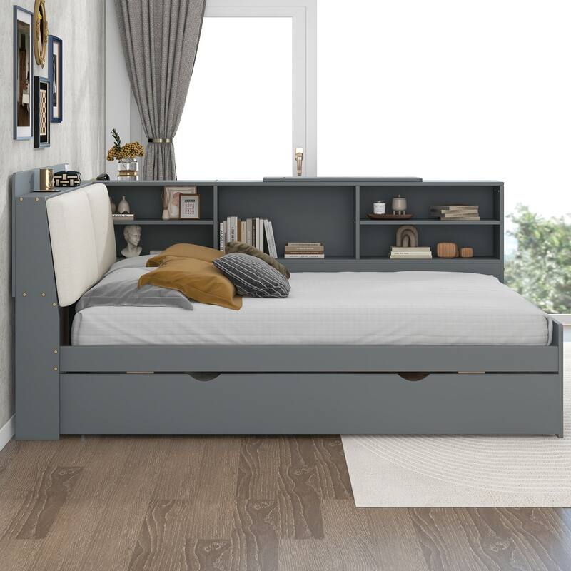 Full Size Wood Platform Bed with Trundle, Storage Headboard, Built-in Shelves, Upholstered Backrest, and Rotatable Board